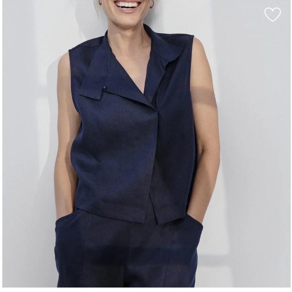 lunya Navy Sleeveless Asymmetric Collared Blouse